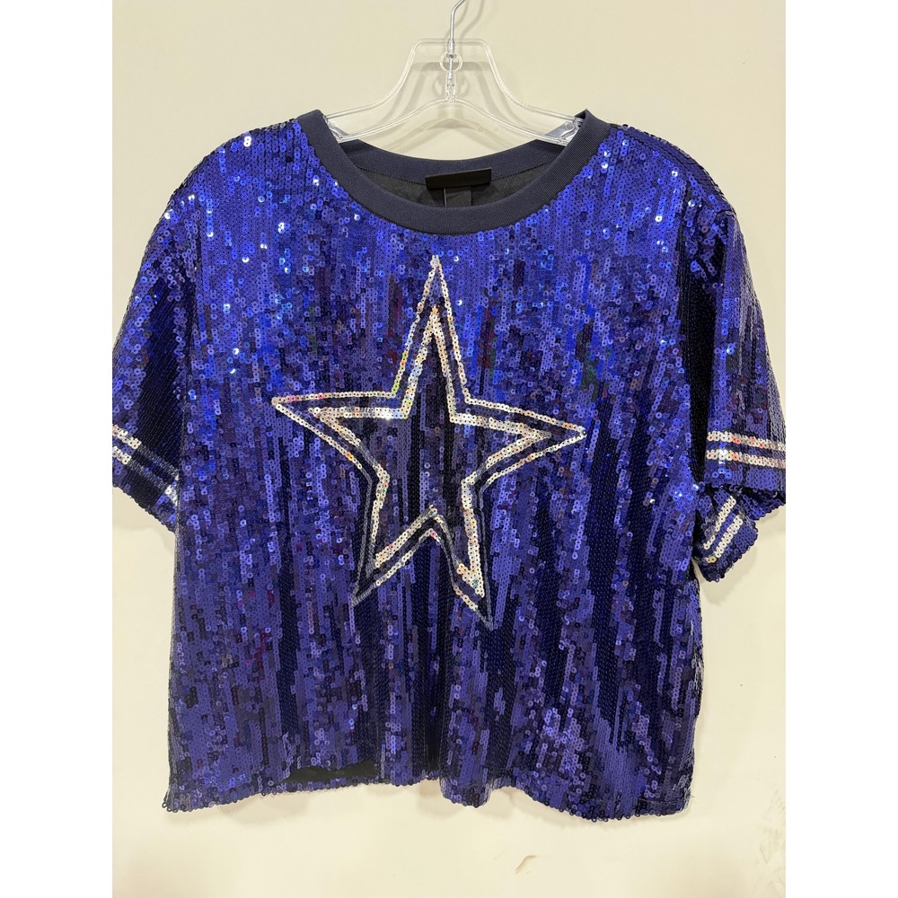 Wild Collective Dallas Cowboys Womens XL Sequin Star Crop T-Shirt Navy NWT